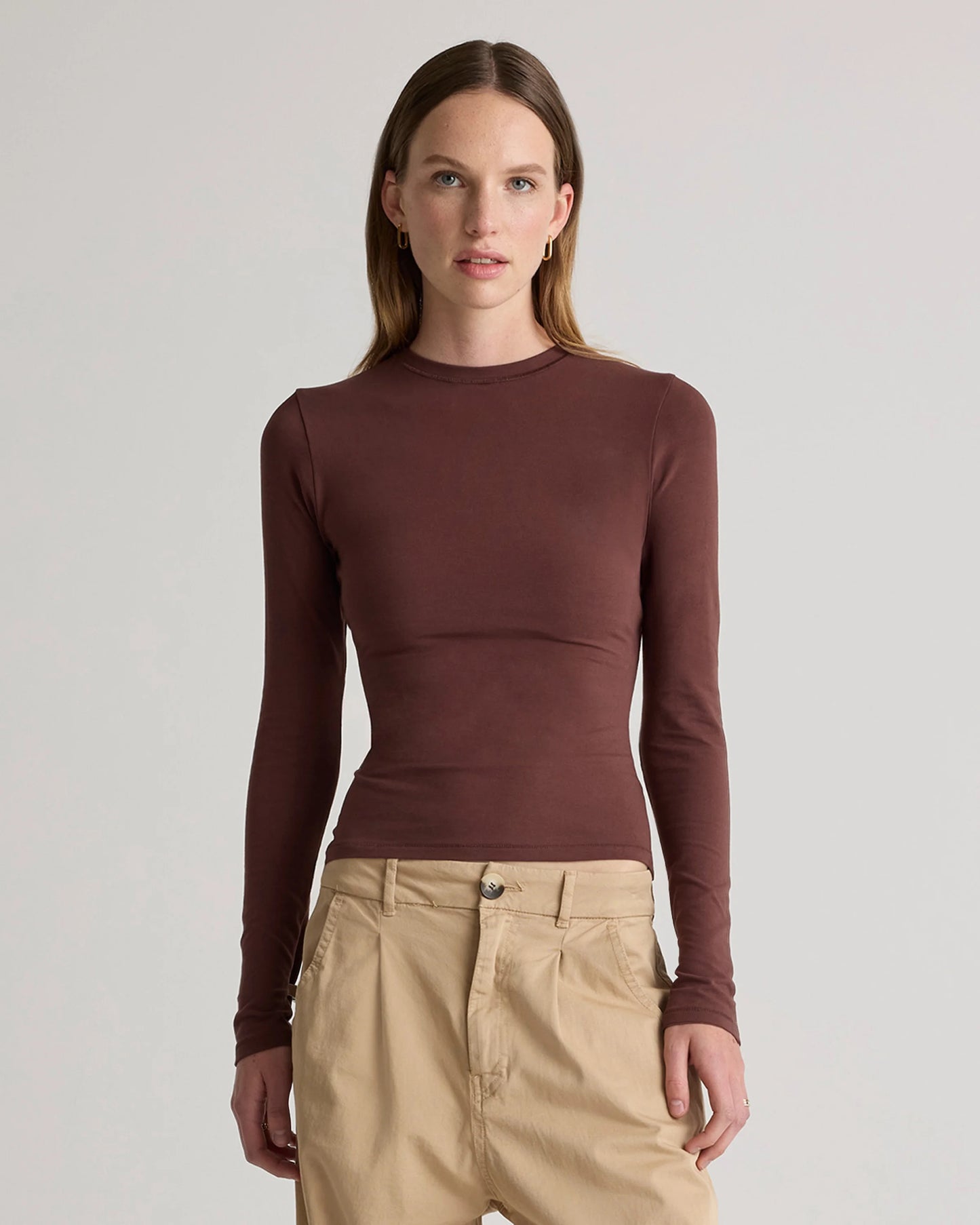 Stretch Cotton Jersey Fitted Long Sleeve T-Shirt - XS / Linen White