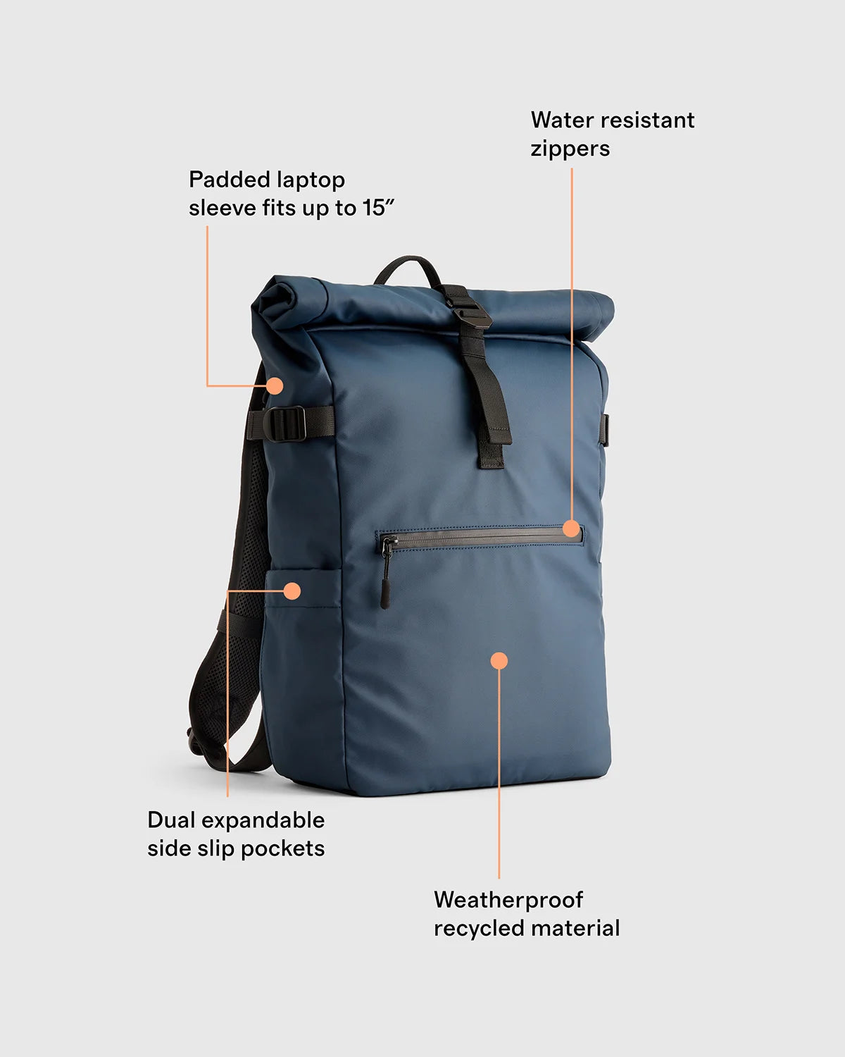 Weather Proof Roll-Top Backpack - One Size / Navy