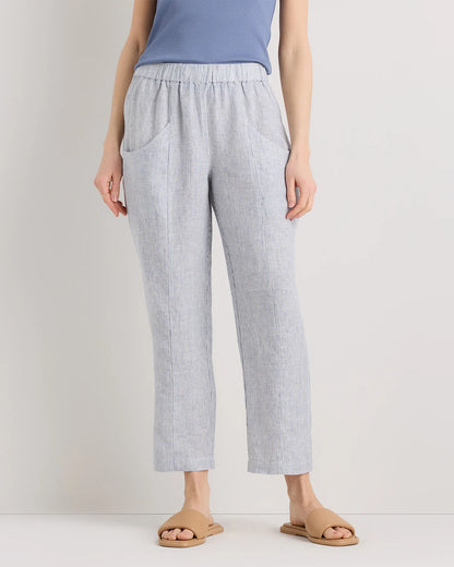 100% European Linen Tapered Ankle Pants - XS / Blue Pinstripe