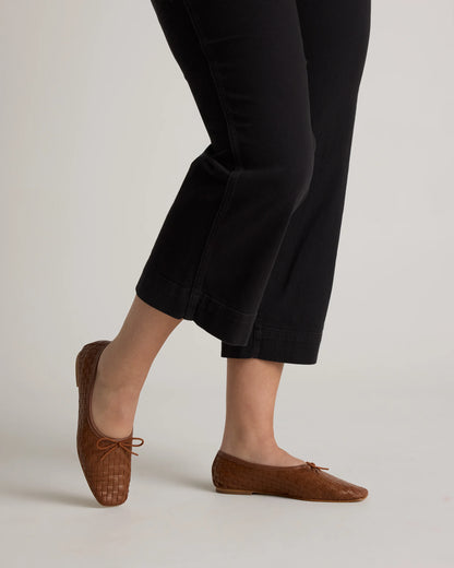 Italian Leather Handwoven Square Toe Ballet Flat - 5 / Cognac