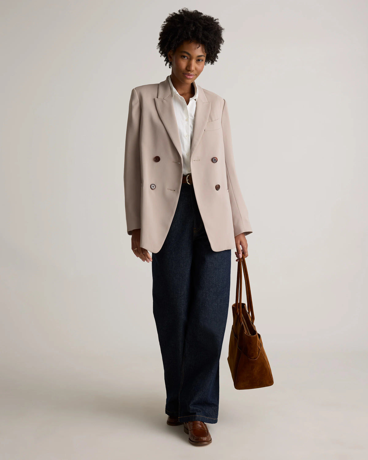 Stretch Crepe Relaxed Double-Breasted Blazer - XS / Sand