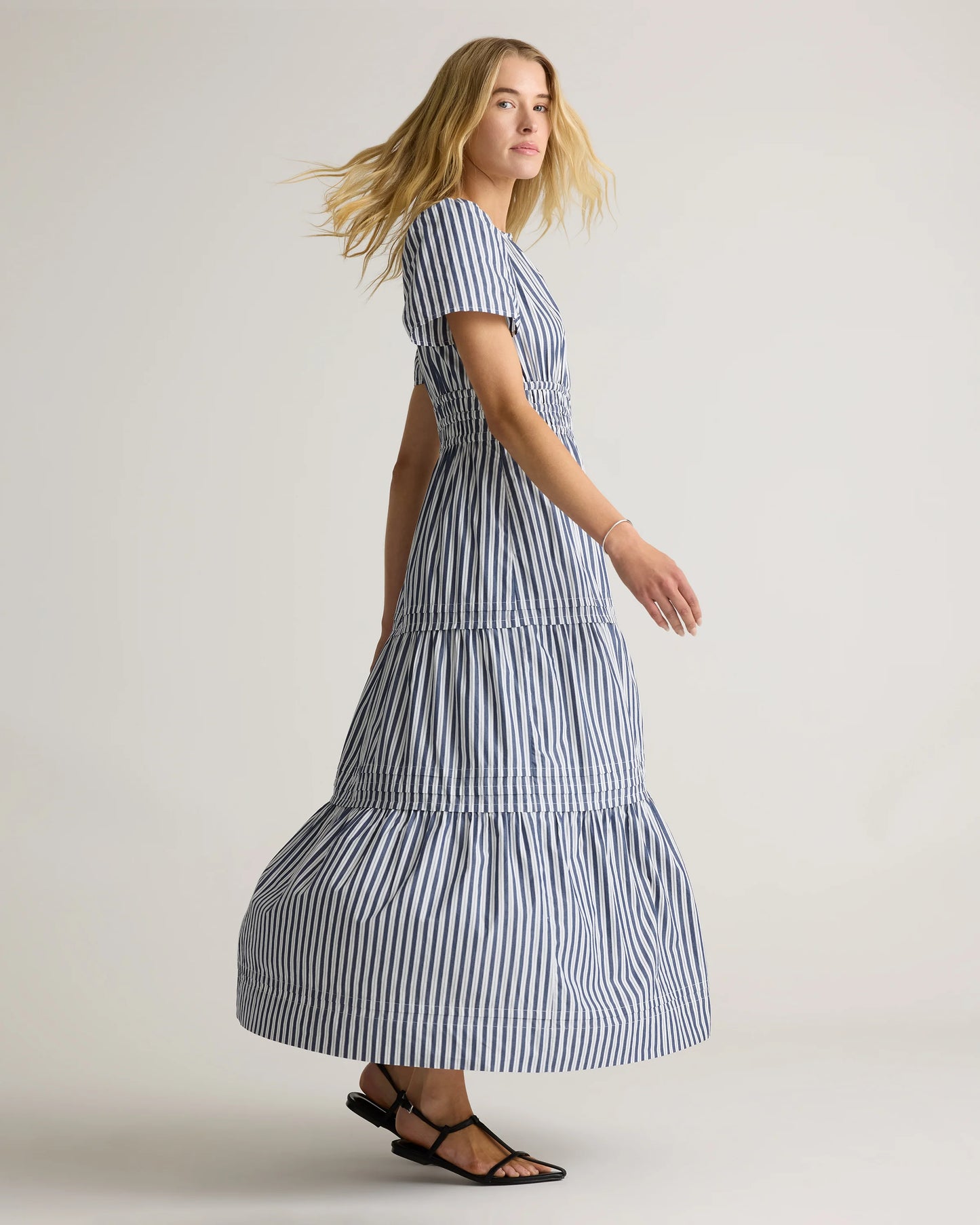 100% Organic Cotton Poplin Tiered Maxi Dress - XS / Riviera Blue Heirloom Floral