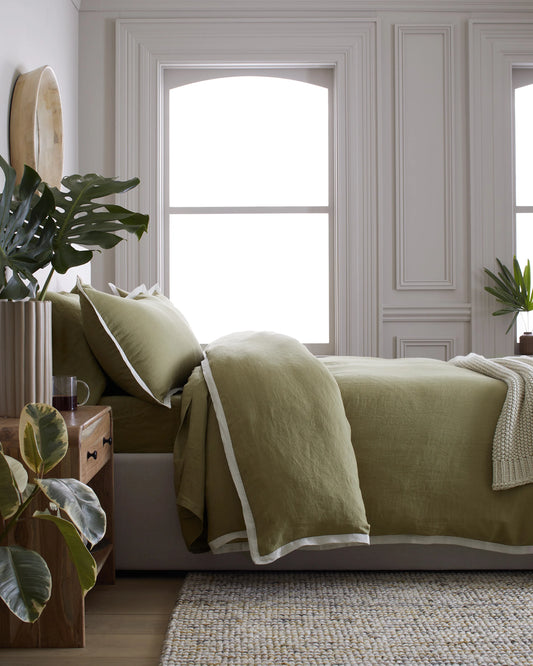 European Linen Contrast Flange Duvet Cover - Twin / Aloe/Sand