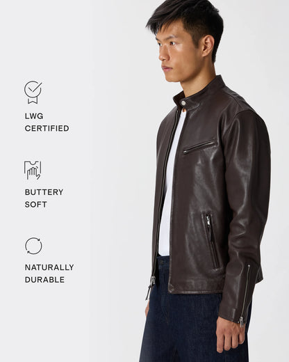 100% Leather Café Racer Jacket - S / Rich Brown