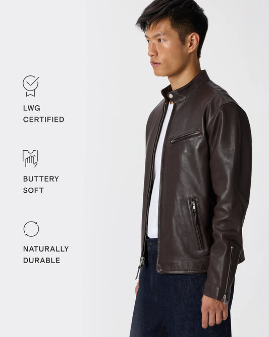 100% Leather Café Racer Jacket - S / Rich Brown