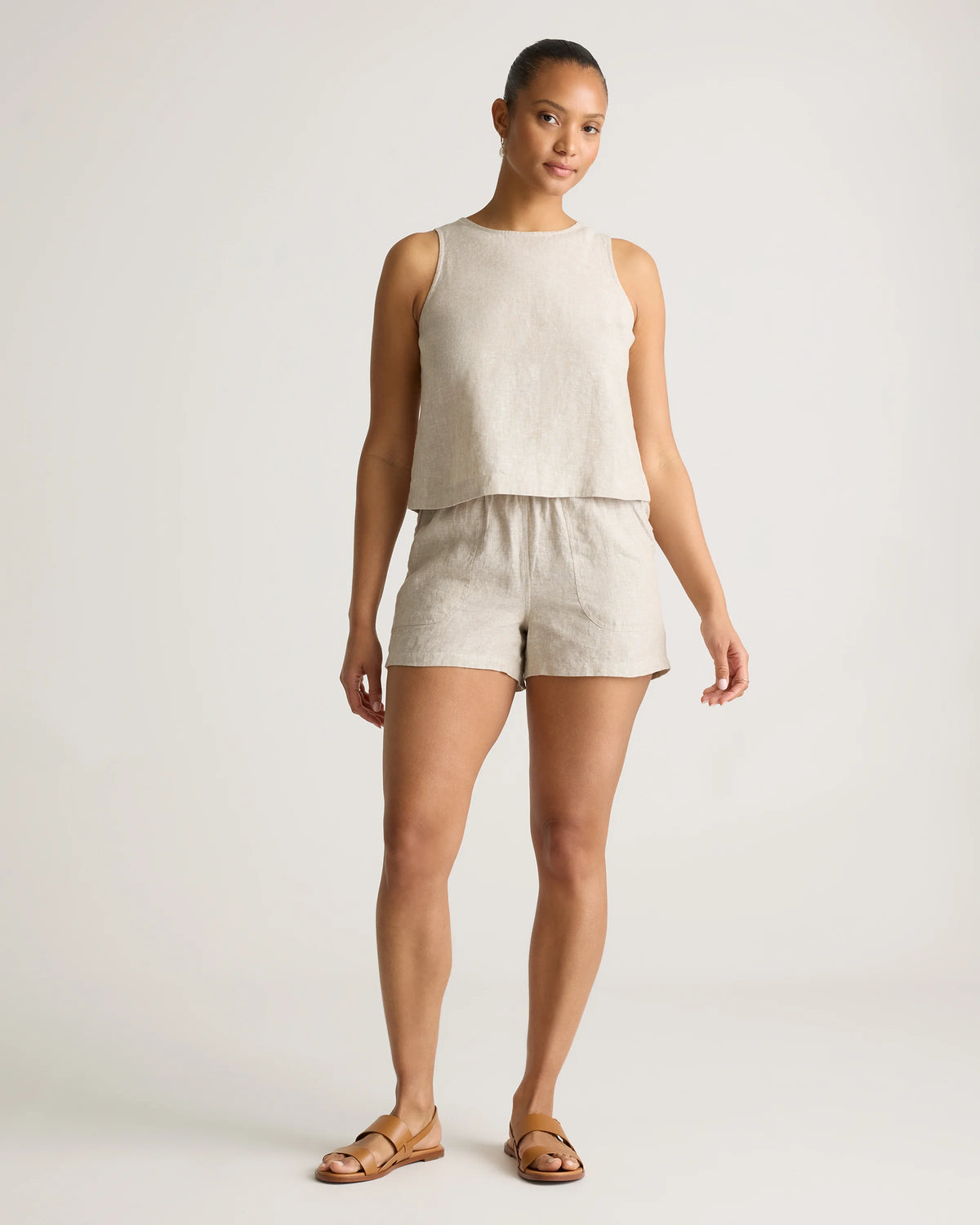 100% European Linen Shorts - XS / Taupe Brown Gingham