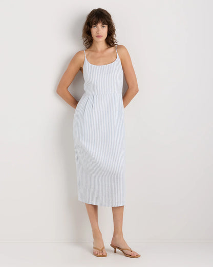 100% European Linen Scoop Neck Midi Dress - XS / Ivory Porcelain Blue Petite Floral