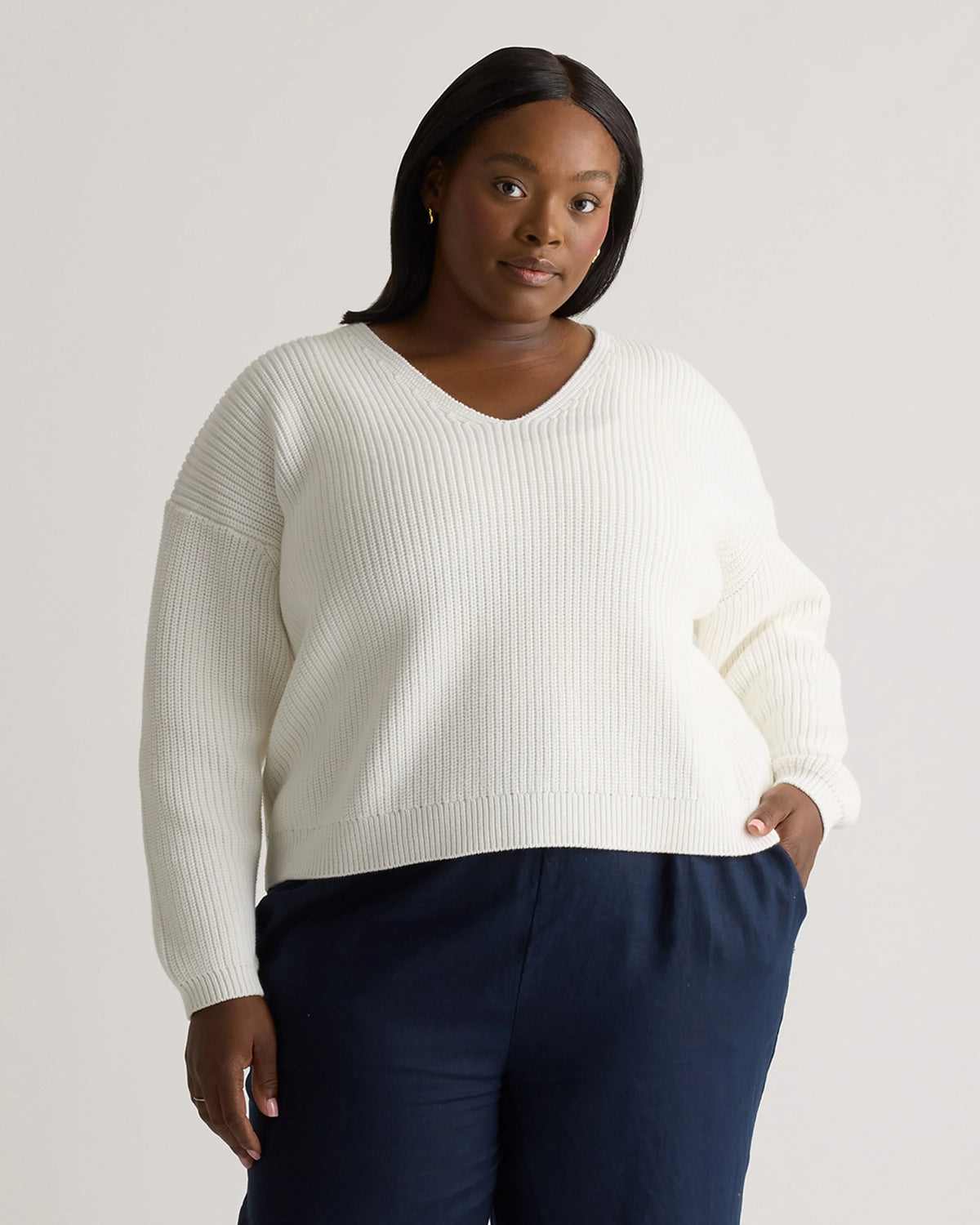 100% Organic Cotton Fisherman V-Neck Sweater - 1X / Speckled Beige