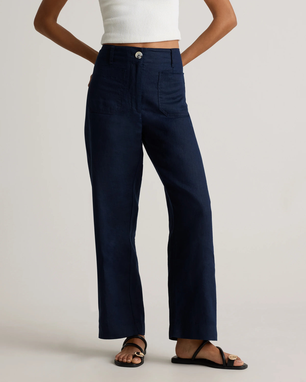100% European Linen Patch Pocket Wide Leg Pants - 0 / Taupe Brown Chambray