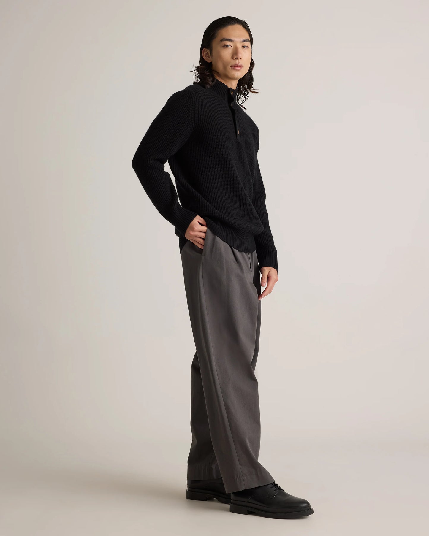 Mongolian Cashmere Waffle Quarter Button Sweater - S / Elk Brown