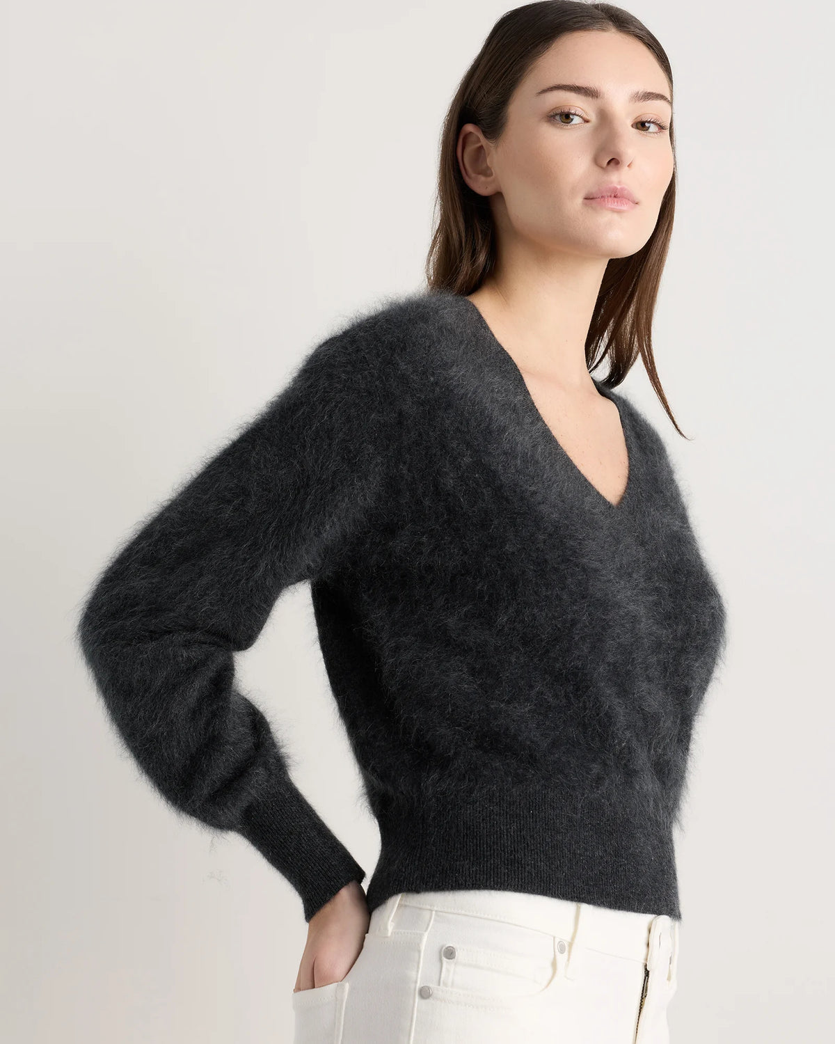 Brushed Cashmere Shrunken V-Neck Sweater - XS / Heather Grey