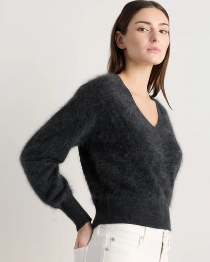 Brushed Cashmere Shrunken V-Neck Sweater - XS / Heather Grey