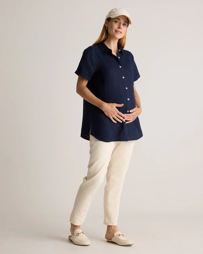 100% European Linen Maternity Camp Shirt - XS / Blue Pinstripe