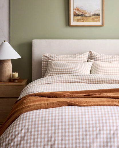 Organic Crisp Percale Gingham Duvet Cover Set - Twin / Cafe