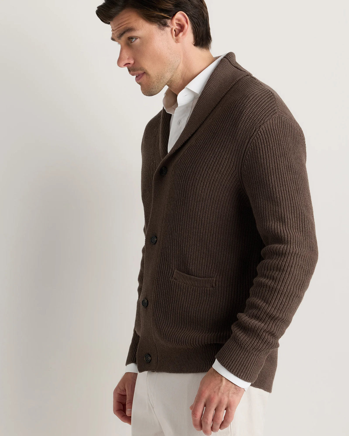 100% Organic Cotton Ribbed Shawl-Collar Cardigan Sweater - S / Bayberry Olive
