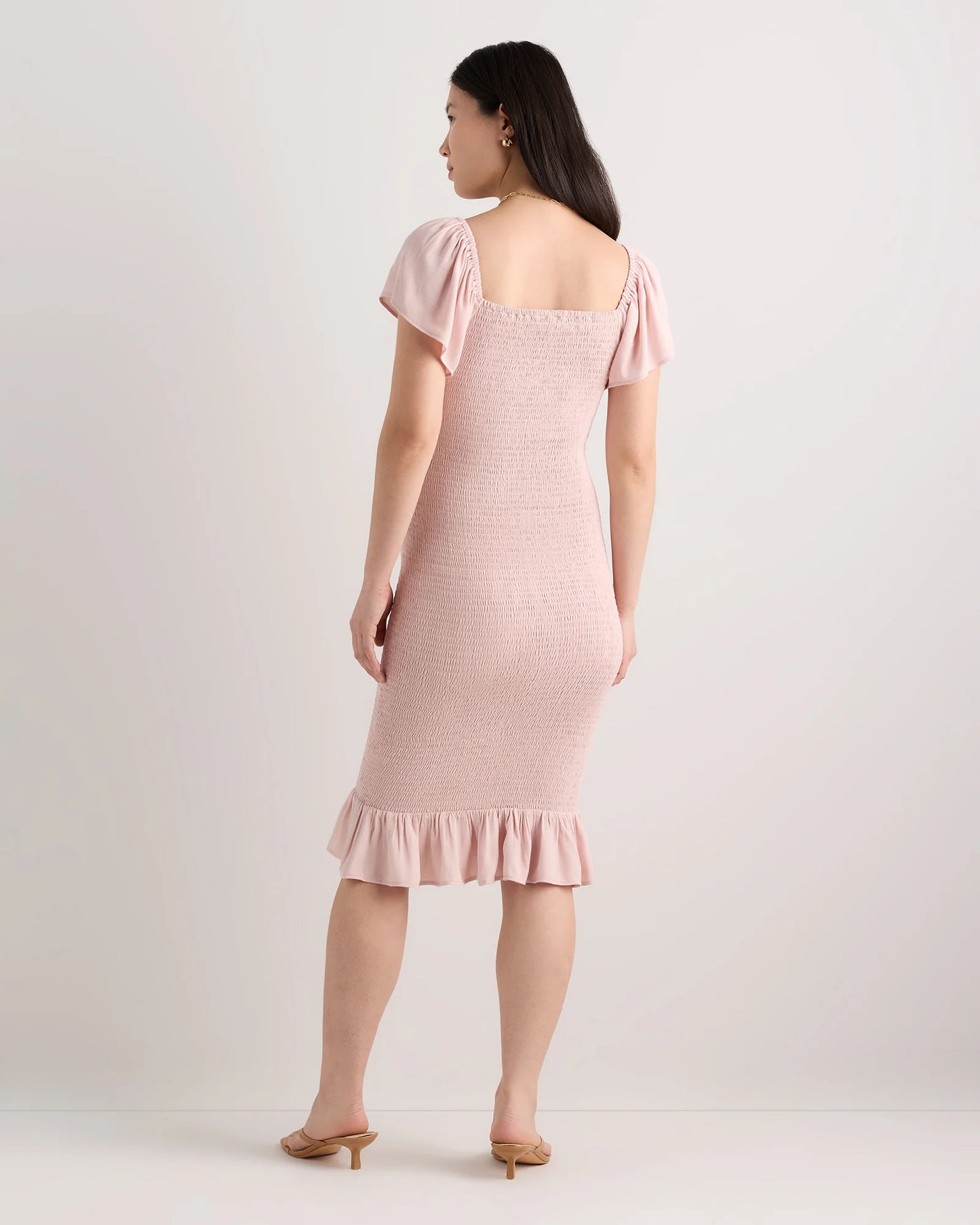 Lightweight Crepe Smocked Flutter Sleeve Maternity Dress - XS / Shell Pink
