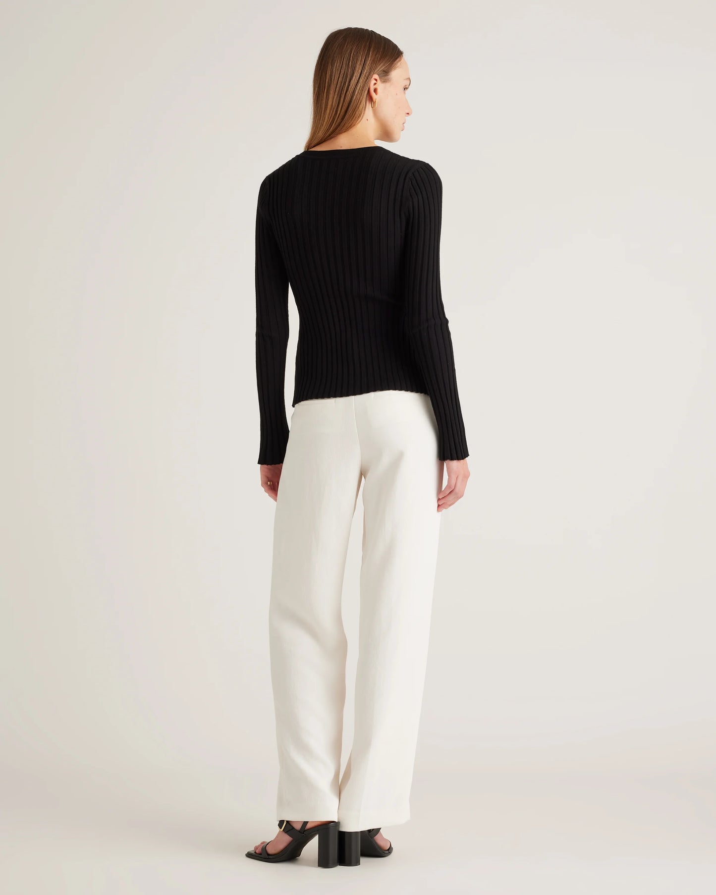 Cotton Cashmere Ribbed Long Sleeve Sweater - XS / Sugar Stone
