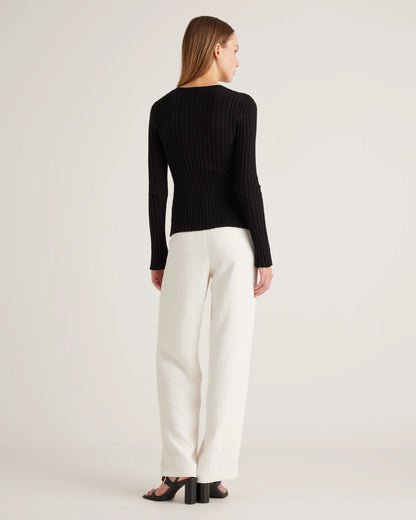 Cotton Cashmere Ribbed Long Sleeve Sweater - XS / Sugar Stone