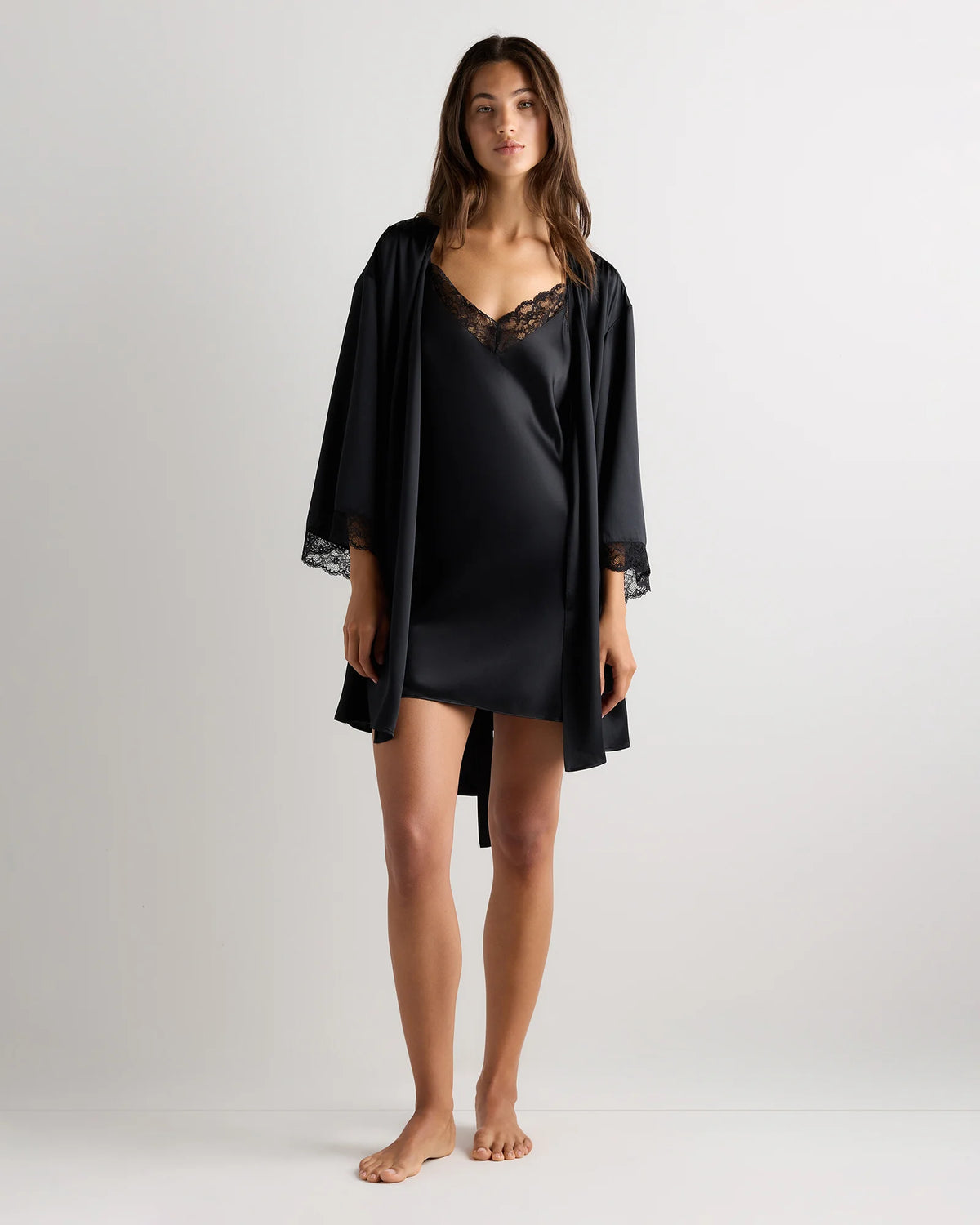 100% Washable Silk Satin Lace Trim Robe - XS / Black