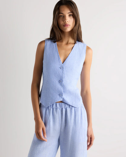 100% European Linen Vest - XS / Blue Pinstripe