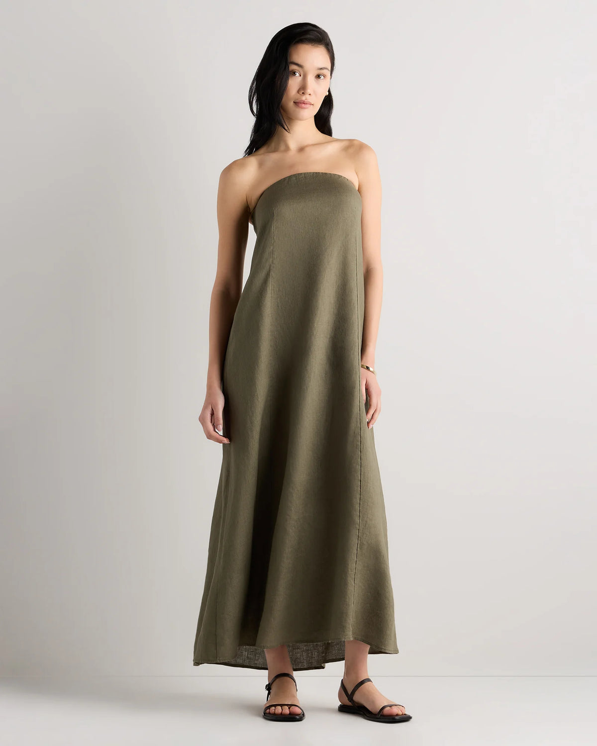 100% European Linen Strapless Maxi Dress - XS / Brick Red Heirloom Floral