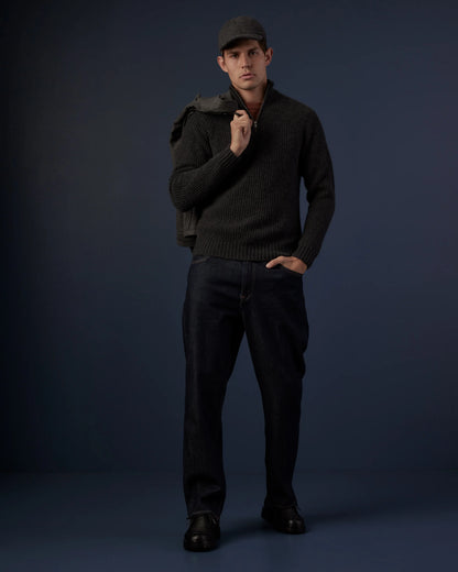 Mongolian Cashmere Fisherman Quarter Zip Sweater - S / Navy Marl