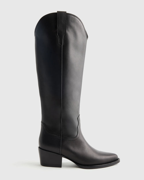 Italian Leather Tall Western Boots - 5 / Black