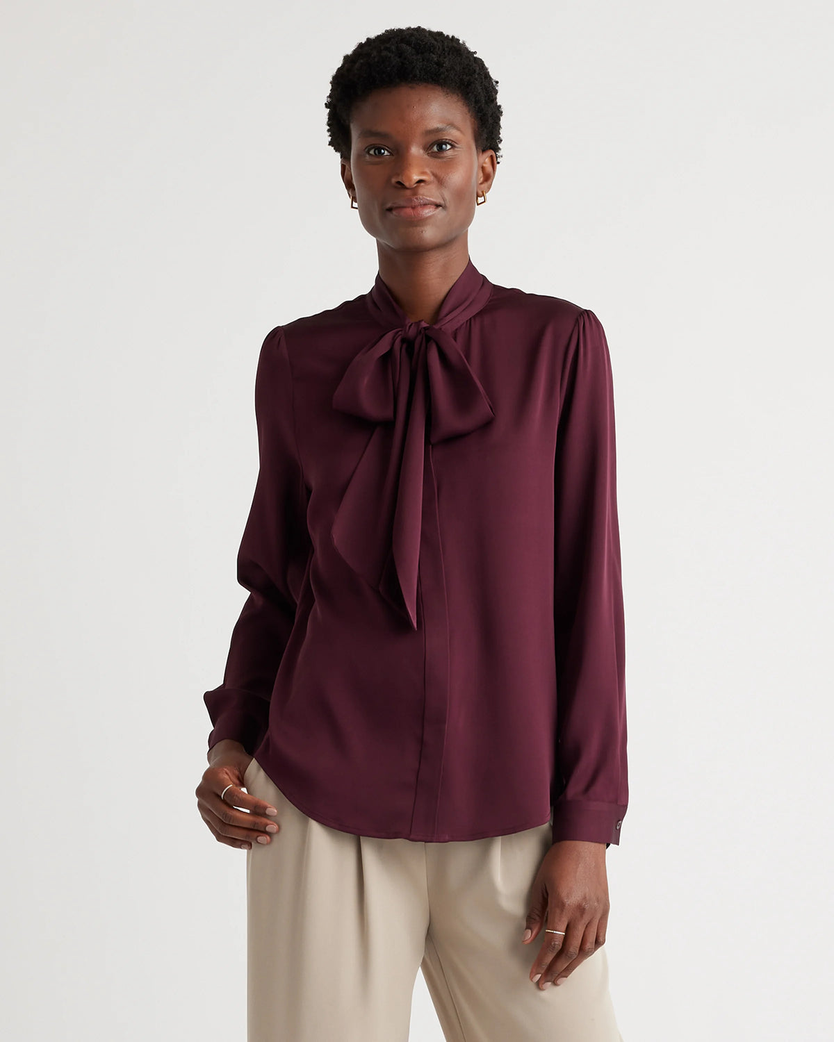 Washable Stretch Silk Tie Neck Blouse - XS / Moonstone Blue