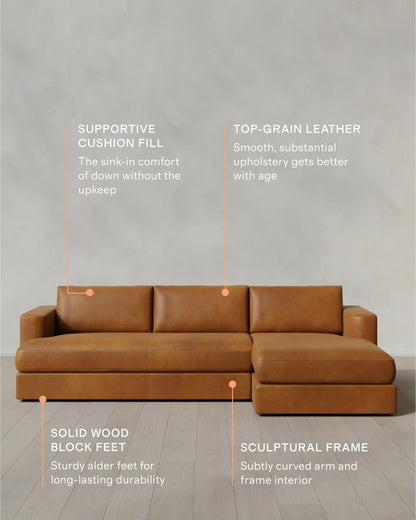Sierra Curved Arm Chaise Sectional in Leather - Right Arm / Auburn