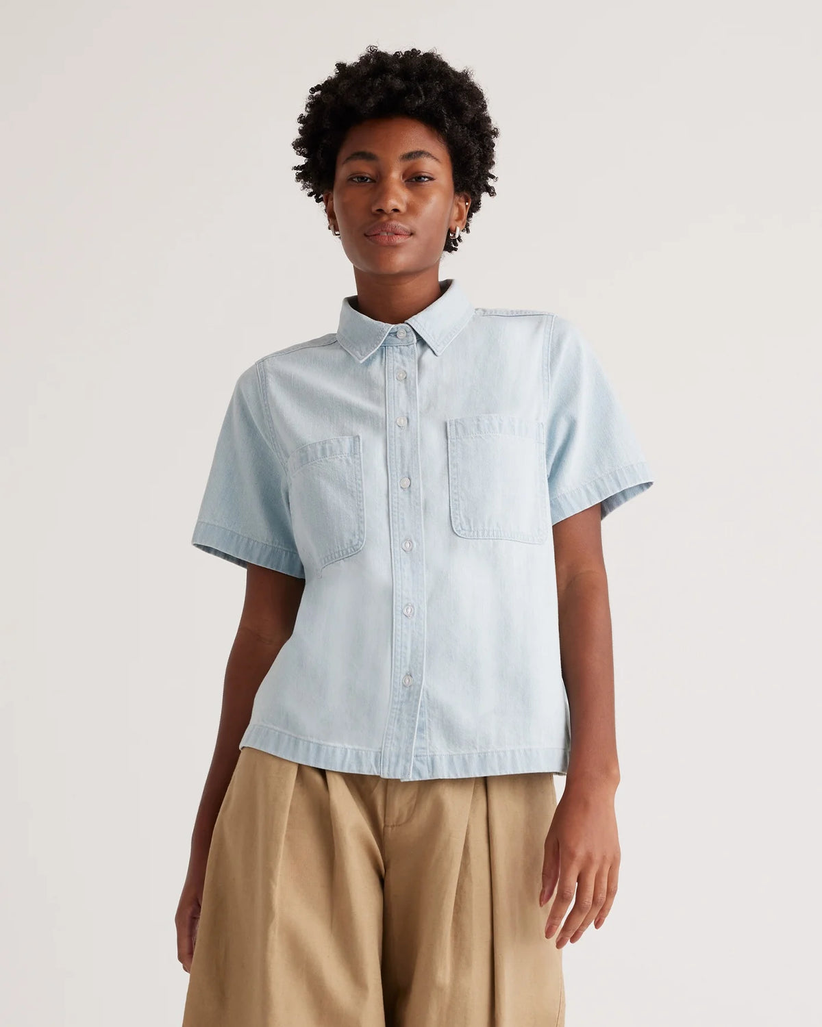 Distressed Denim Short Sleeve Shirt - XS / Light Chambray