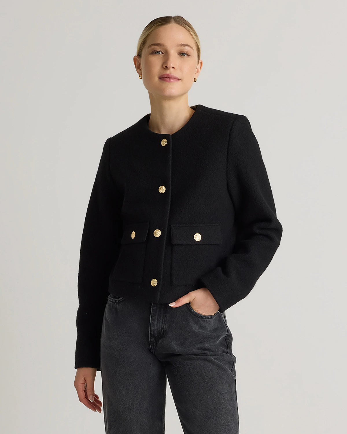 100% Merino Wool Collarless Cropped Jacket - XS / Heather Bone