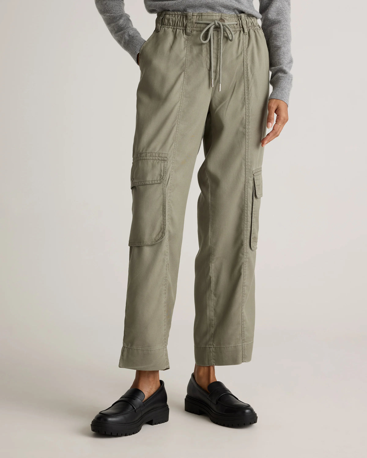 Vintage Wash Tencel Drawstring Cargo Pants - XS / Olive