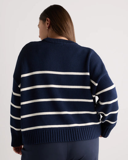 100% Organic Cotton Striped Crew Sweater - 1X / Speckled Beige/Ivory