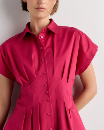 Stretch Twill Pleated Short Sleeve Shirt - XS / Amaranth Pink