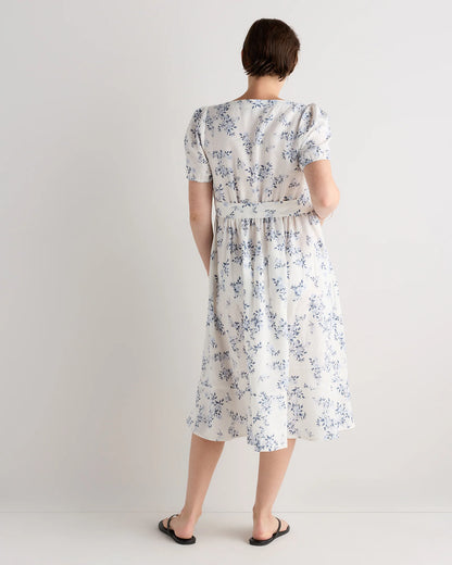 100% European Linen Maternity Short Sleeve Midi Dress - XS / Ivory Porcelain Blue Petite Floral