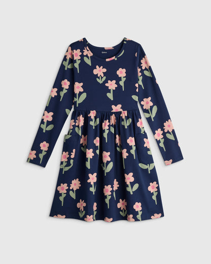 Organic Cotton Long Sleeve Fit and Flare Pocket Dress - 6 / Purple Poppy Garden