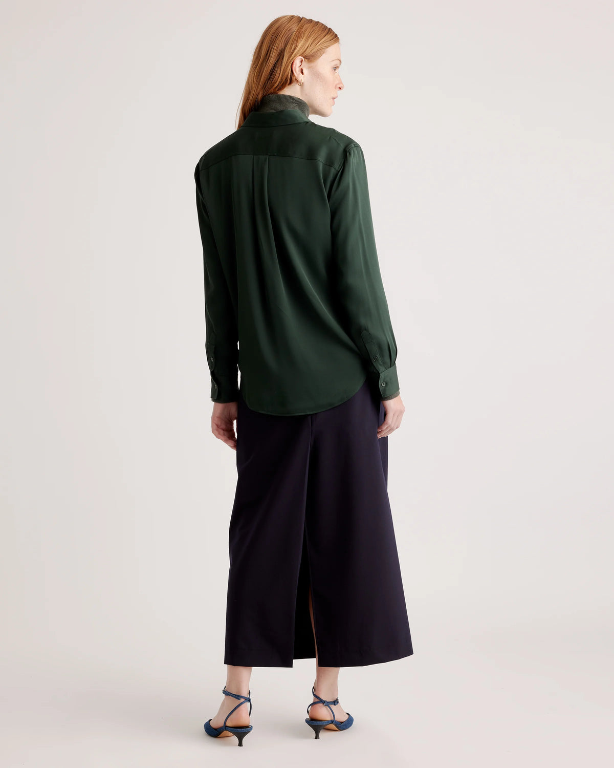 Washable Stretch Silk Utility Long Sleeve Blouse - XS / Forest Green