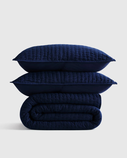 European Linen Cotton Stitch Quilt Set - Twin / Stone