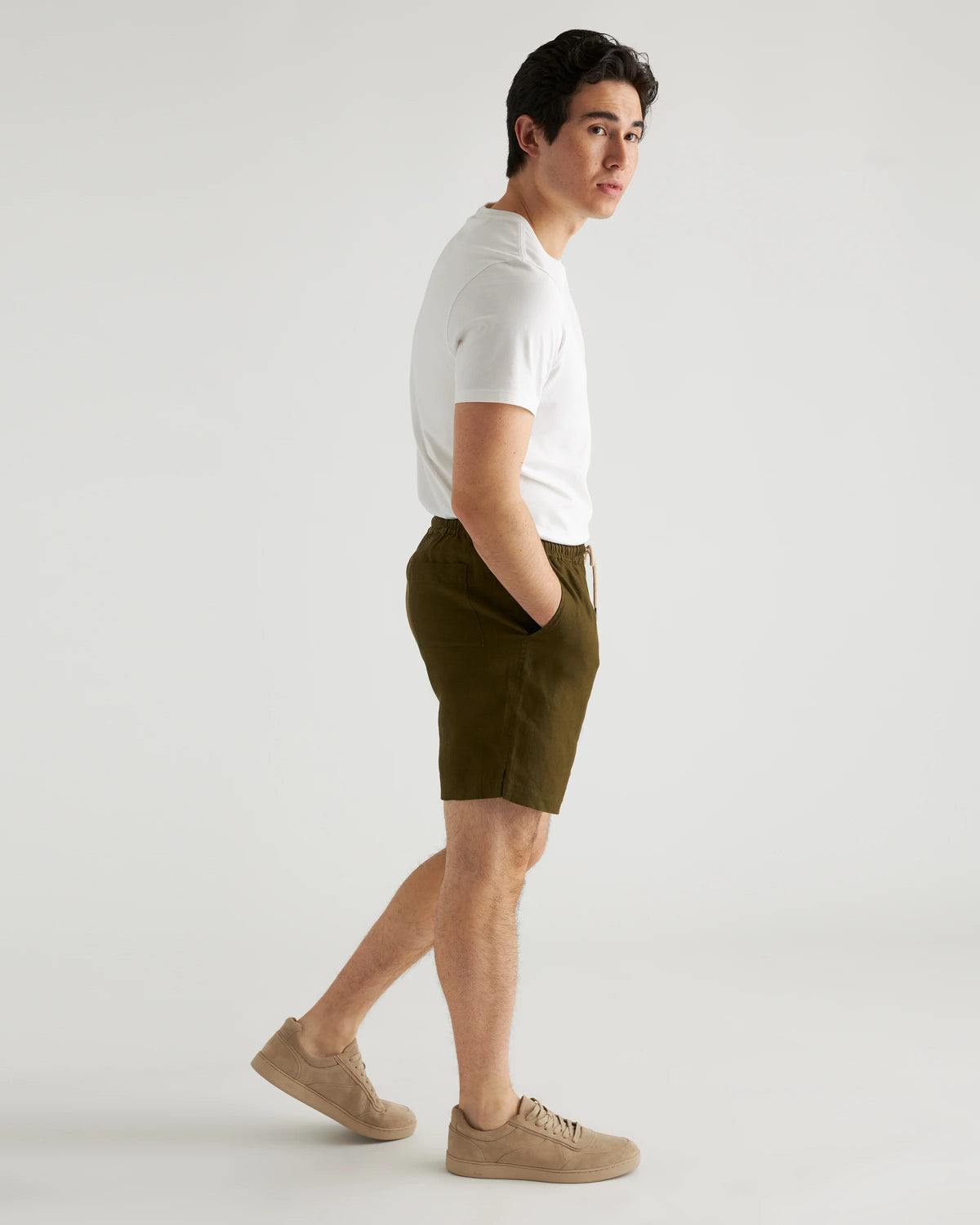 100% European Linen Drawstring Beach Shorts - 7" - XS / Taupe Brown Chambray