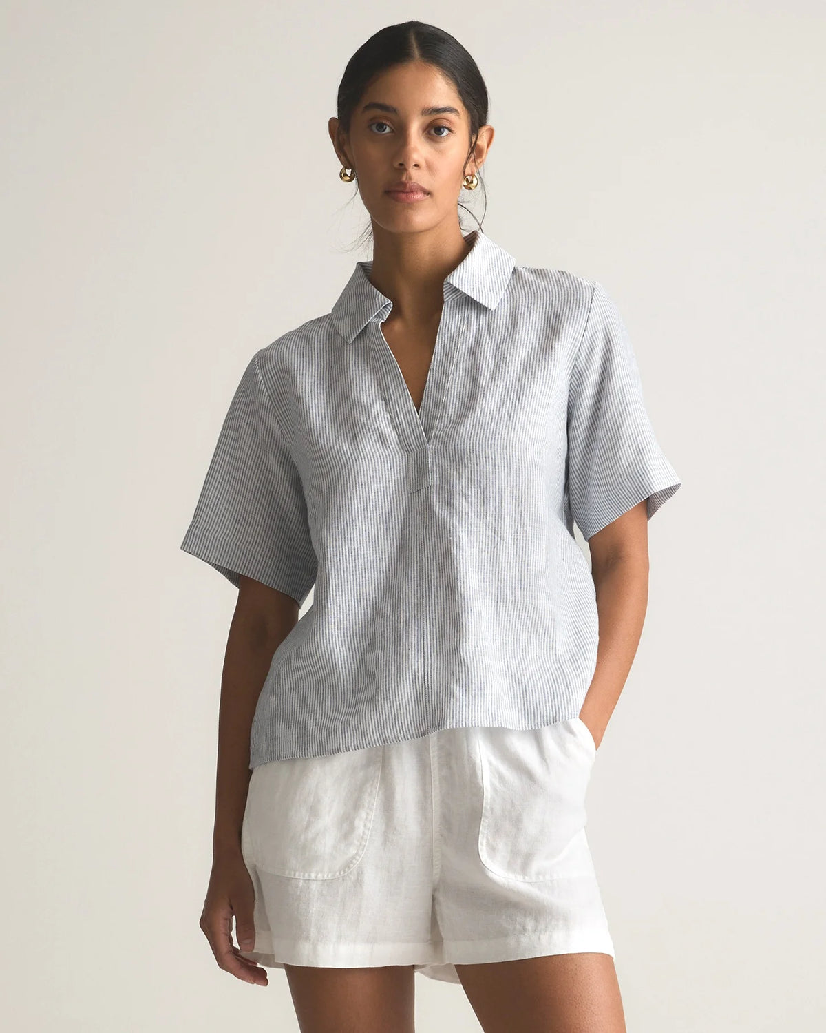 100% European Linen Short Sleeve Popover Top - XS / Blue Pinstripe