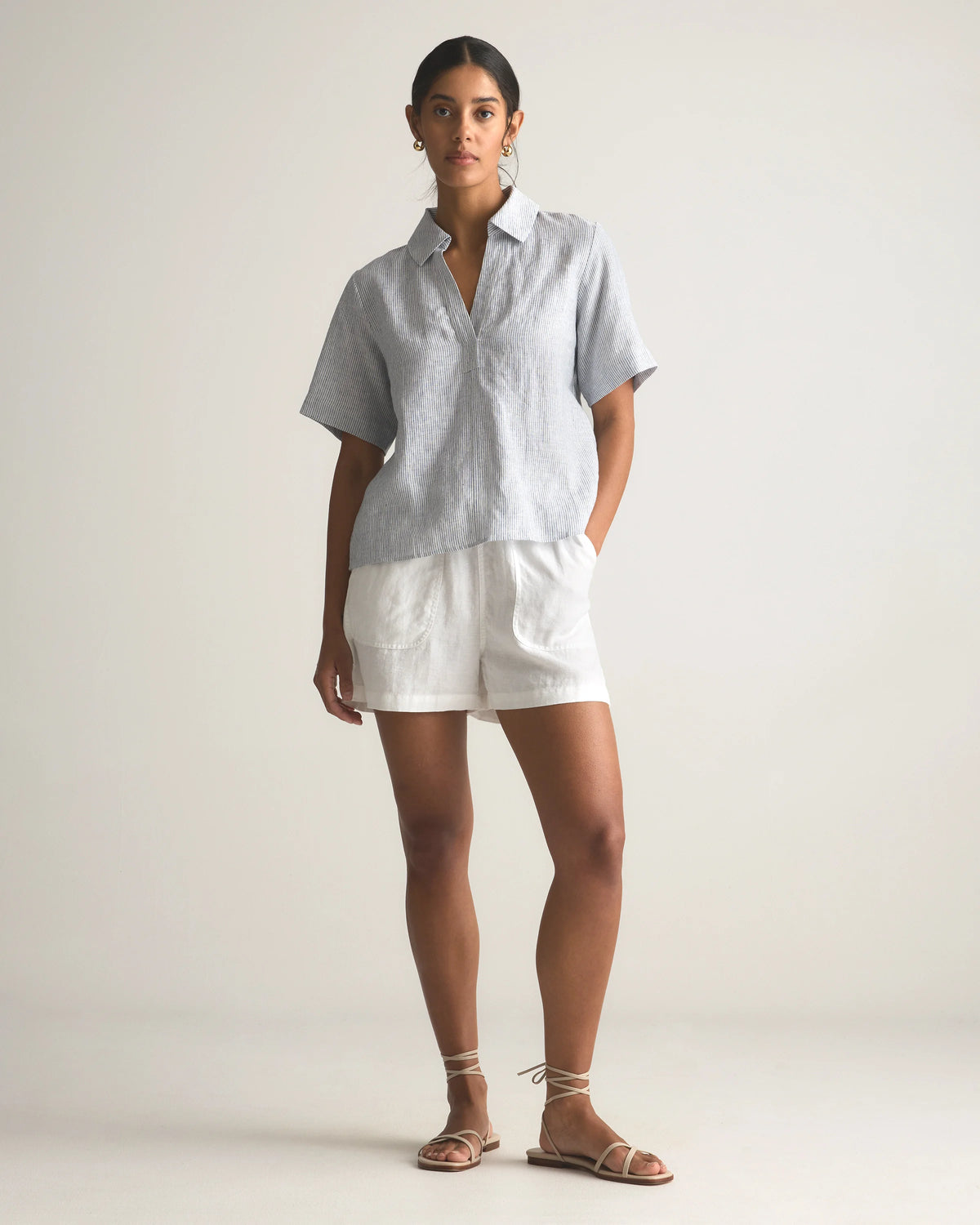 100% European Linen Short Sleeve Popover Top - XS / Blue Pinstripe