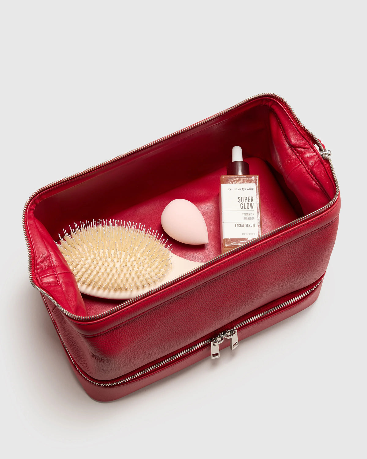 Italian Leather Dual Compartment Toiletry Bag - One Size / Ruby Red