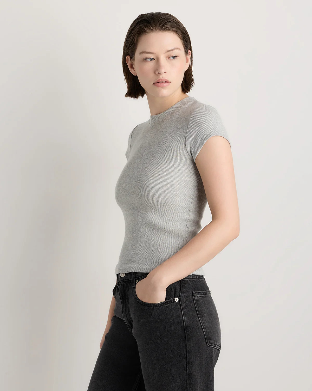 Organic Cotton Micro-Rib Crewneck Tee - XS / Heather Oatmeal