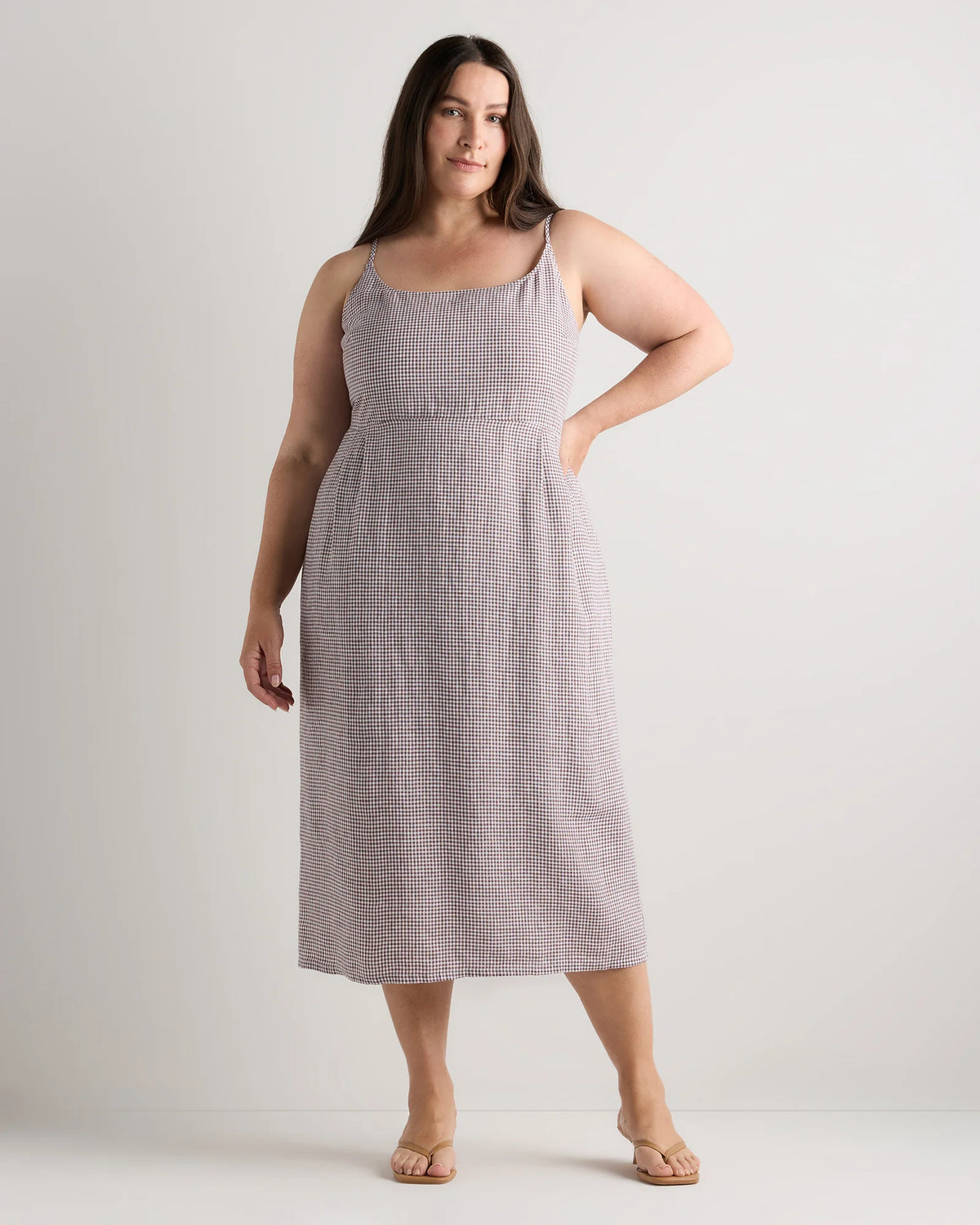 100% European Linen Scoop Neck Midi Dress - 1X / Deep Navy