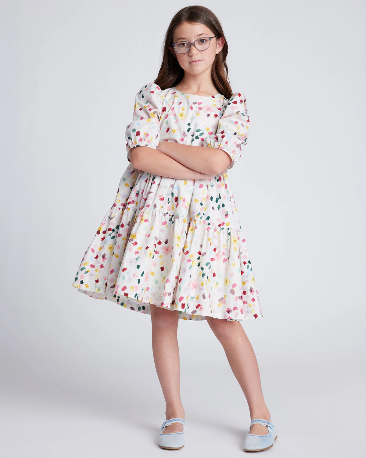 100% Cotton Poplin Puff Sleeve Dress - 12 / Confetti Dot