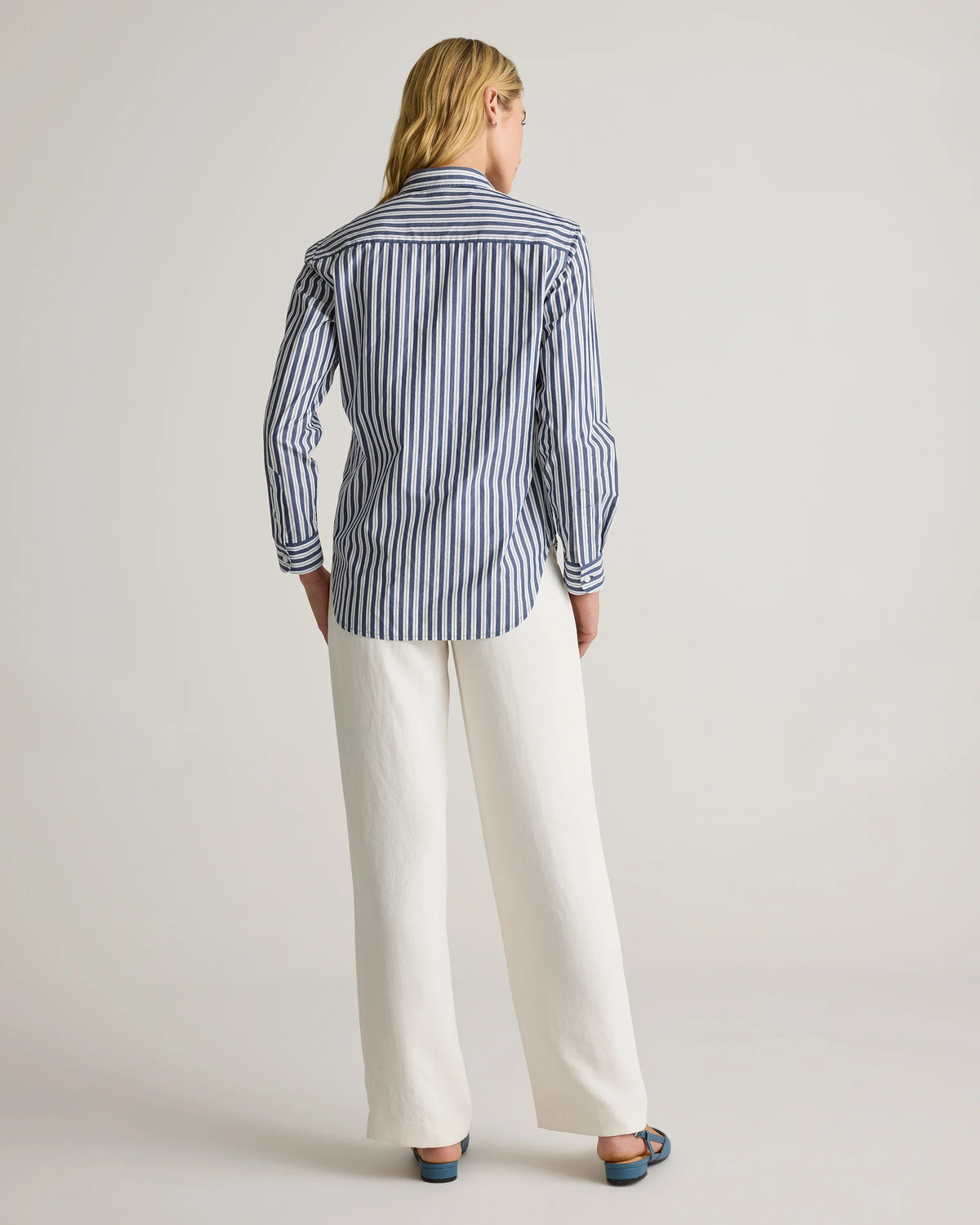 100% Organic Cotton Poplin Long Sleeve Shirt - XS / Delta Blue Double Stripe
