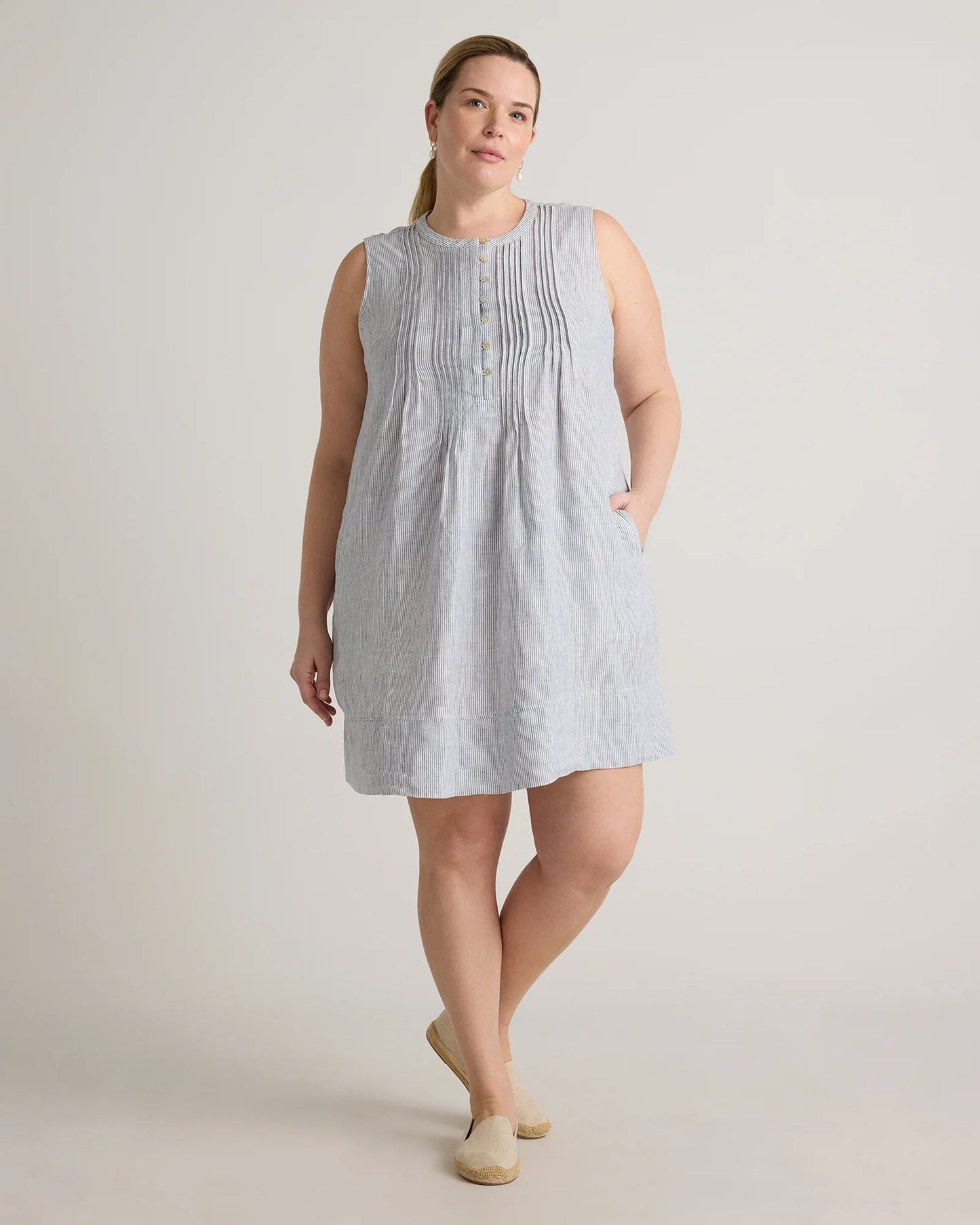 100% European Linen Sleeveless Swing Dress - 1X / Bayberry Olive