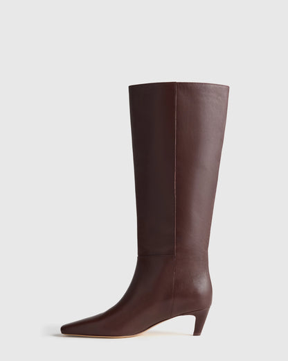 Italian Leather Tall Kitten Heel Boots - 5 / Espresso Brown
