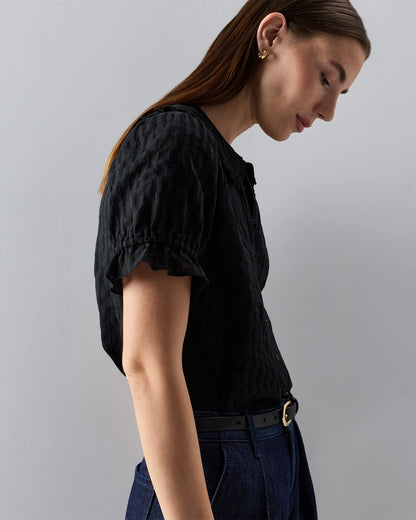 Embroidered Cotton Ruffle Collar Short Sleeve Blouse - XS / Classic White
