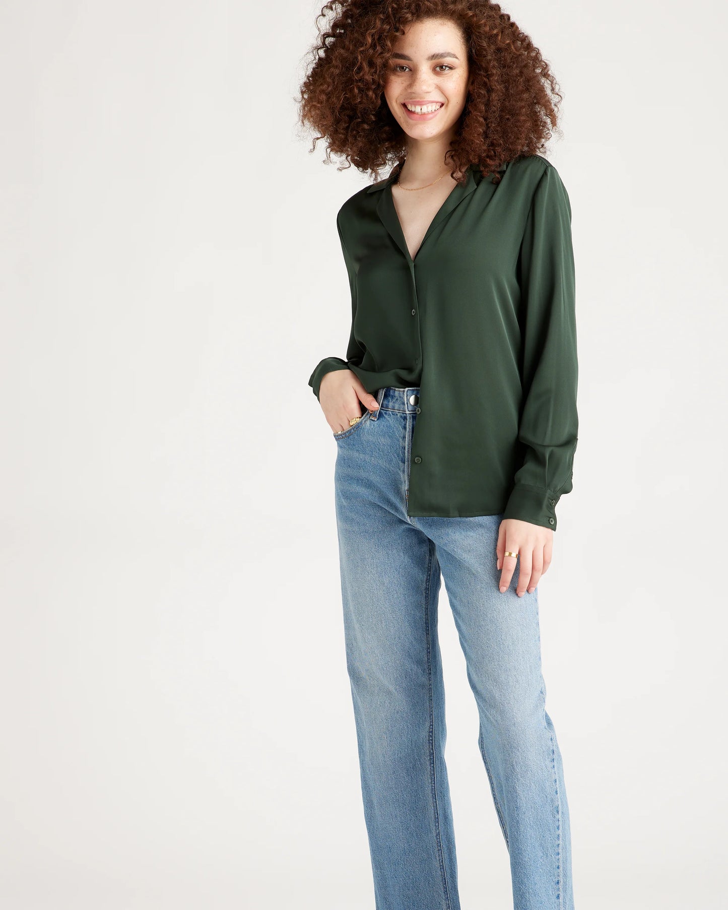 Washable Stretch Silk Notch Collar Blouse - XS / Moonstone Blue